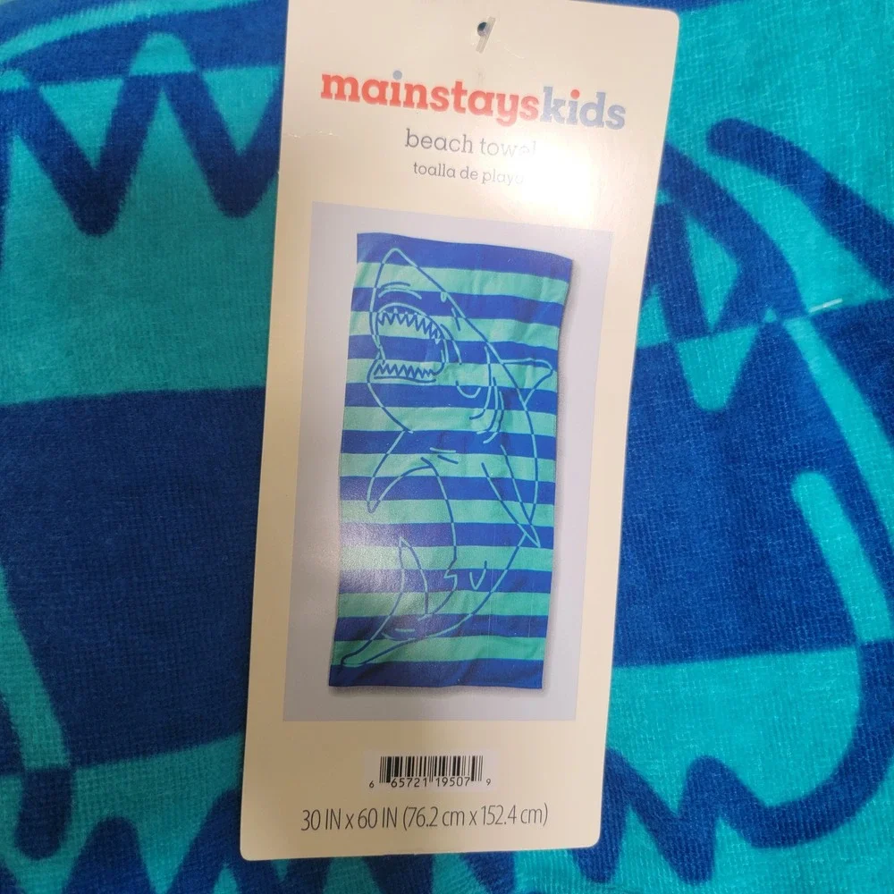 Mainstays Kids Beach Towel Set 2pk 30x60 Blue Shark Hot Dog NEW Graphic Print